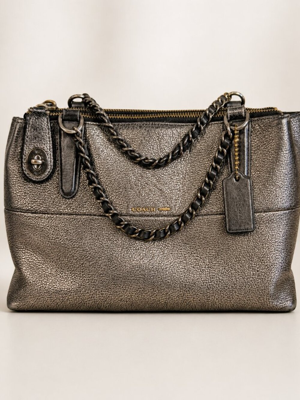 Coach Mini Turnlock Borough Bag 33619 Metallic Pewter Pebble Leather Purse Y2K